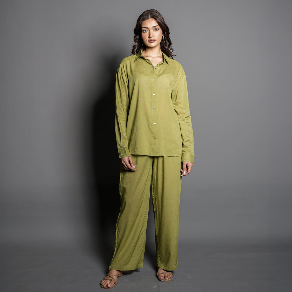 OLIVE GREEN SILKIN CO-ORD SET