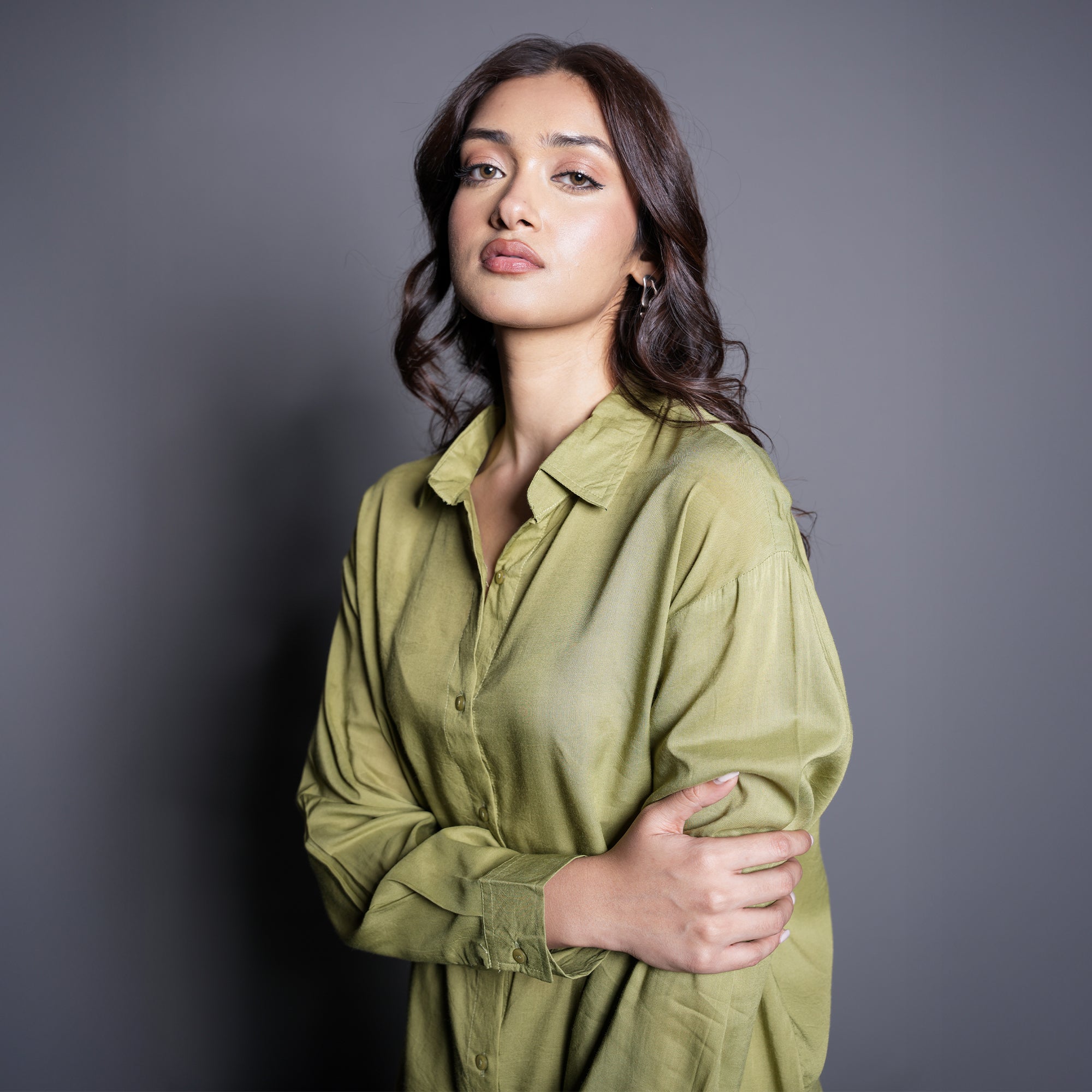 OLIVE GREEN SILKIN CO-ORD SET