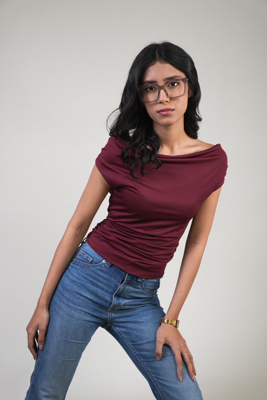 OFF SHOULDER RUCHED JERSEY TOP