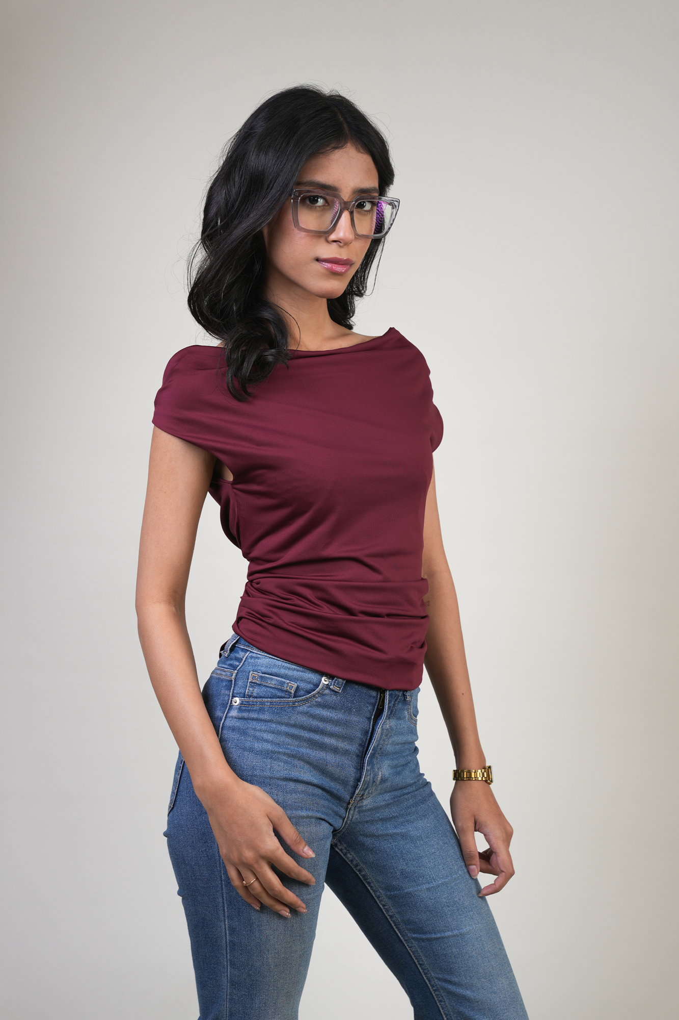 OFF SHOULDER RUCHED JERSEY TOP