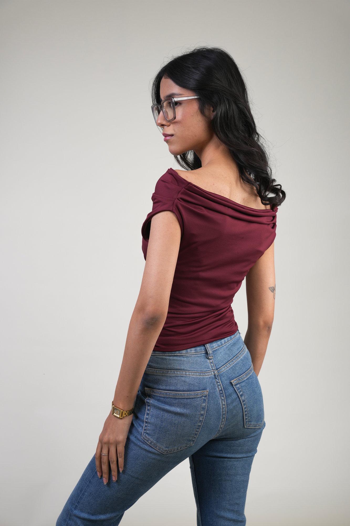 OFF SHOULDER RUCHED JERSEY TOP