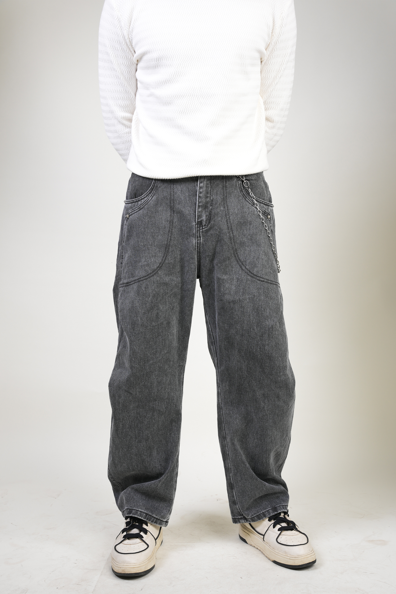 RAW GREY HEAVY-WASH CHAIN DENIM